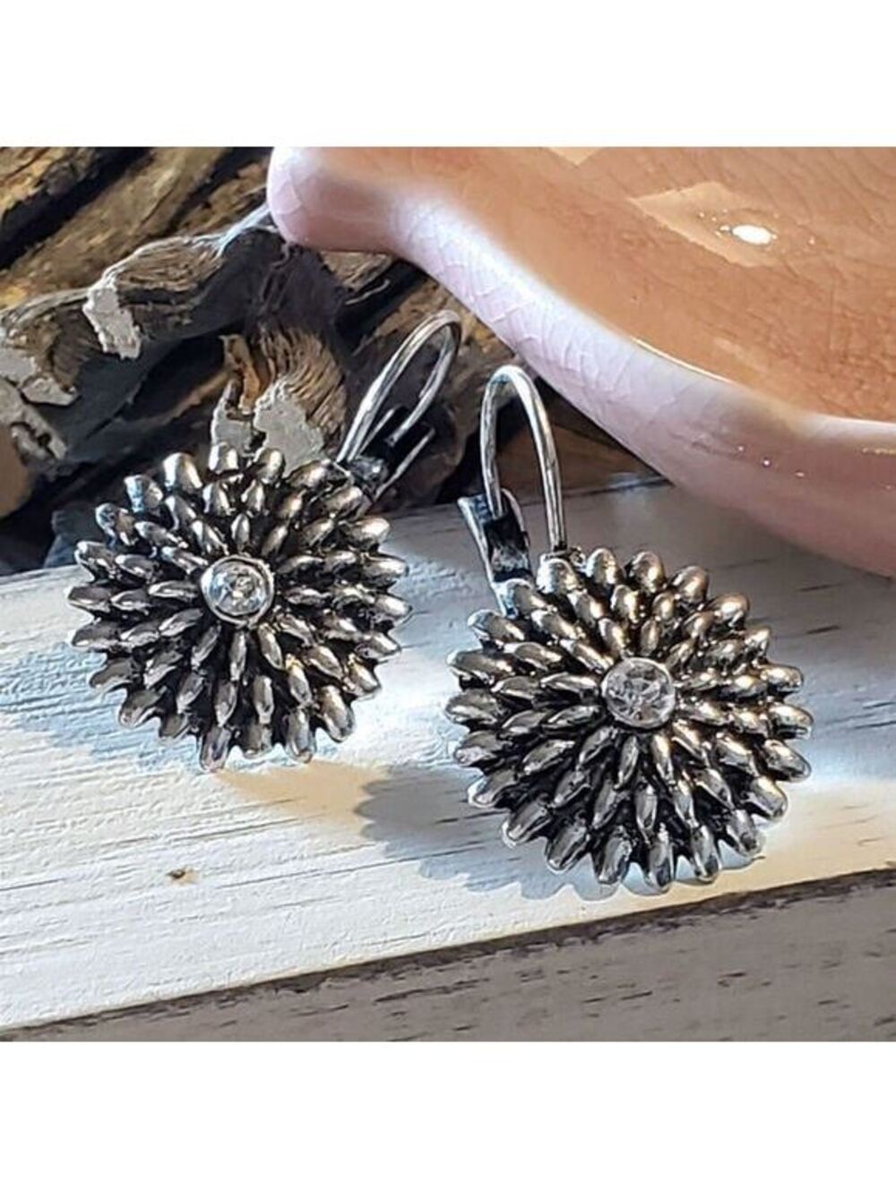 Art Deco Antique Silver Round Chrysanthemum Flower Czech Crystal Earrings